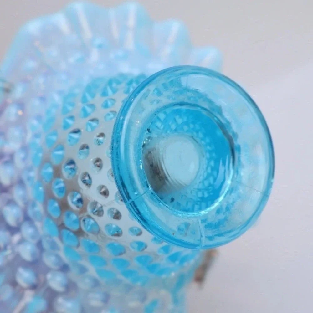 VTG Fenton Hobnail Basket Small Blue Opalescent Glass Ruffled Edge Collectible